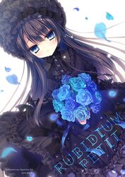  black_bow black_bowtie black_dress black_hair black_headwear blue_eyes blue_flower blue_ribbon blue_rose bonnet bouquet bow bowtie buttons center_frills closed_mouth commentary_request cover cover_page cross doujin_cover dress dutch_angle expressionless female flower flower_button frilled_dress frilled_shirt_collar frills gothic_lolita highres holding holding_bouquet lolita_fashion long_hair looking_at_viewer original petals ribbon rose rose_petals rubi-sama simple_background solo tsurime white_background 