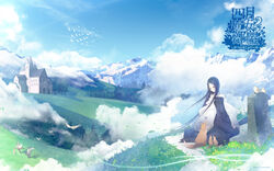  aikura_chihiro april_(type-moon) april_fools bird black_hair detached_sleeves female fox highres long_hair mountain outdoors red_eyes scenery shigatsu_no_majo_no_heya solo 