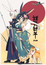  2018 2girls :d ^_^ aircraft airplane anchor animal animal_ears animal_print aqua_kimono azur_lane bare_shoulders black-framed_eyewear black_footwear black_hair blue_eyes breasts bridal_gauntlets canine chinese_zodiac cleavage cleavage_cutout closed_eyes clothing_cutout collarbone commentary deer_print english_commentary eyebrows fingernails flight_deck floral_print flower food food_on_head fruit fruit_on_head fur_trim glasses grin hair_flower hair_ornament hair_ribbon happy_new_year high_ponytail hiryuu_(azur_lane) holding holding_hands japanese_clothes jewelry kimono long_hair long_sleeves looking_at_viewer mandarin_orange medium_breasts multiple_girls new_year no_bra obi object_on_head off_shoulder official_alternate_costume open_mouth orange_(fruit) pom_pom_(clothes) popped_collar purple_kimono rabbit_ears red_ribbon ribbon ring rope round_eyewear sash semi-rimless_eyewear shiba_inu shimenawa shoes short_hair sideboob sleeveless sleeveless_kimono sleeves_past_wrists small_breasts smile souryuu_(azur_lane) souryuu_(the_crane_amidst_the_pines)_(azur_lane) standing tongue translated under-rim_eyewear walking white_hair wide_sleeves xiao_(ye_yiaoxi) year_of_the_dog 