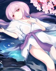  cherry_blossoms commentary_request duel_monster female ghost_reaper_&amp;_winter_cherries hand_on_own_chest highres igayan japanese_clothes kimono long_hair looking_at_viewer lying on_back partially_submerged pink_eyes pink_hair sash solo very_long_hair water wide_sleeves yu-gi-oh! yukata 