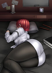  arm_strap ass ayakumo bed bed_sheet breasts briefcase clock commentary cordless_phone drumsticks envelope female from_side full_body horikawa_raiko indoors jacket long_sleeves lying on_bed on_side phone pillow red_hair short_hair skirt sleeping solo taiko_sticks taut_clothes taut_skirt thighs touhou white_jacket white_skirt window 