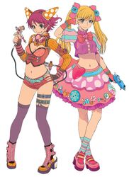  2girls airbrush azuma_kiyohiko blonde_hair blue_eyes boots bow brown_eyes buttons cleavage_cutout clothing_cutout contrapposto crop_top crossed_legs dress fingerless_gloves gloves glue_gun hand_on_own_hip legwear_garter midriff multiple_girls official_art pigeon-toed pink_gloves purple_hair purple_legwear reset_(wonder_festival) short_hair short_shorts shorts simple_background socks standing striped_clothes striped_socks thighhighs twintails v wanda_(wonder_festival) white_background wonder_festival wonder_festival_mascots 