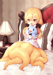  :3 :d artist_name bed_sheet bedroom book cabinet commentary_request cuddly_octopus cup female hair_between_eyes hair_ornament hair_scrunchie hugging_object indoors kyuri_tizu lamp lolicon long_hair looking_at_another looking_down low_twintails mascot monster_girl mug octopus on_bed open_mouth original pillow pointy_ears scrunchie scylla signature sitting sleepwear smile solo syrene_(kyuri_tizu) tentacle thick_eyebrows twintails |_| 