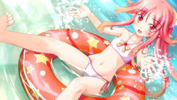  :d barefoot bikini blush female flat_chest game_cg garnet_(shukufuku_no_campanella) halterneck highres innertube ko~cha long_hair navel oerba_yun_fang open_mouth pointy_ears ponytail red_eyes red_hair shukufuku_no_campanella side-tie_bikini_bottom slit_pupils smile solo splashing swim_ring swimsuit water 