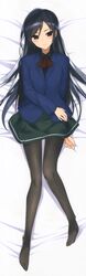  absurdres accel_world black_hair black_pantyhose blue_jacket blush brown_eyes dakimakura_(medium) female from_above full_body green_skirt highres hima jacket kuroyukihime long_hair looking_at_viewer lying on_back pantyhose school_uniform skirt smile solo umesato_middle_school_uniform 