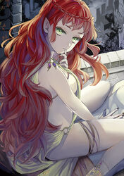  braid breasts castle children_of_judas commentary_request female green_eyes hand_to_own_mouth looking_at_viewer looking_up medium_breasts moeru!_jiten moeru!_vampire_jiten night red_hair rinhachi sideboob sitting solo thigh_strap tree vampire wariza 