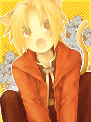  1boy :3 :o alphonse_elric animal_ears armor bad_id bad_pixiv_id blonde_hair blush brothers cat_ears clone edward_elric fangs feline fullmetal_alchemist heart highres kazi kemonomimi_mode open_mouth siblings tail yellow_eyes 