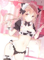  animal_ears ass_visible_through_thighs badge bikini black_thighhighs bow bowtie breasts brown_eyes button_badge cat_ears cleavage commentary contrapposto cowboy_shot detached_collar female frilled_thighhighs frills glint gloves hairbow heart kabako_(lilypicture410v) light_brown_hair long_hair maid maid_bikini maid_headdress medium_breasts midriff navel original puffy_short_sleeves puffy_sleeves short_sleeves single_thighhigh smile solo standing swimsuit thighhighs tray unconventional_maid white_gloves wrist_cuffs 