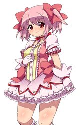  bad_id bad_pixiv_id bow bubble_skirt female hairbow kaname_madoka kaname_madoka_(magical_girl) magical_girl mahou_shoujo_madoka_magica mahou_shoujo_madoka_magica_(anime) meiro_(yuu) pink_hair red_eyes skirt smile solo 