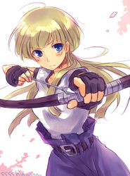  aiming arrow_(projectile) artist_name blonde_hair blue_eyes blush bow_(weapon) commentary_request drawing_bow female fingerless_gloves gloves harushino holding holding_arrow holding_bow_(weapon) holding_weapon long_hair outstretched_arm rennie simple_background solo tear_ring_saga tear_ring_saga:_utna_heroes_saga weapon white_background 