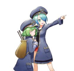  2girls blue_hair blue_hat blush breasts closed_eyes closed_mouth coat collarbone commentary_request green_eyes green_hair hair_over_one_eye hat keifuku-san keifuku_(tatsuki) long_sleeves medium_breasts multiple_girls open_mouth pointing red_skirt short_hair skirt smile station_master_(irodori) station_master_(tatsuki) tansan_daisuki 