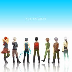  6+boys ace_combat ace_combat_04 ace_combat_2 ace_combat_3 ace_combat_5 ace_combat_x ace_combat_x2 ace_combat_zero antares_1 arms_behind_back arms_behind_head black_hair blaze_(ace_combat) bomber_jacket boots braid brown_hair cipher_(ace_combat) commentary_request copyright_name crossed_arms digital_dissolve emblem female from_behind grey_hair gryphus_1 hand_on_own_hip hashimoto_yoshiharu jacket lineup long_hair looking_away military military_uniform mobius_1 multiple_boys nemo_(ace_combat) red_hair reflective_floor ribbon scarface_1 shirt short_hair silver_hair simple_background sleeveless sleeveless_shirt standing uniform 