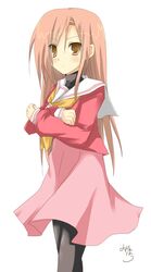  bad_id bad_pixiv_id closed_mouth cowboy_shot crossed_arms dress female hair_ornament hairclip hakuo_school_uniform hayate_no_gotoku! highres katsura_hinagiku light_blush long_hair looking_at_viewer mizuki_hau neckerchief pantyhose pink_dress pink_hair red_shirt sailor_collar school_uniform serafuku shirt signature simple_background solo turtleneck white_background white_sailor_collar yellow_eyes yellow_neckerchief 