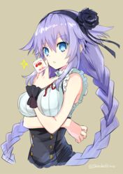  between_breasts blue_eyes braid breasts cleavage commentary_request cosplay dagashi_kashi female flower food hair_flower hair_ornament long_hair looking_at_viewer medium_breasts nail_polish neptune_(series) pudding purple_hair purple_heart_(neptunia) purple_nails shidare_hotaru shidare_hotaru_(cosplay) shiitake_urimo solo star_(symbol) symbol-shaped_pupils twin_braids very_long_hair 