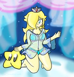  bra female human lingerie luma mario_(series) nintendo on_bed panties princess_rosalina see-through sheer sheer_nightgown super_mario_galaxy xero-j 