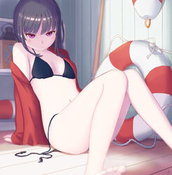  barefoot bikini black_hair breasts commentary_request feet_out_of_frame female indoors lifebuoy long_hair long_legs looking_at_viewer navel original red_eyes sebastian_(artist) sitting small_breasts solo swim_ring swimsuit toes untied_bikini 