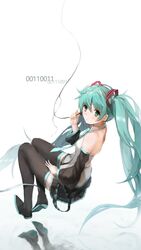  aqua_eyes aqua_hair bad_id bad_pixiv_id binary black_footwear black_thighhighs boots detached_sleeves female from_side full_body hatsune_miku highres long_hair necktie photoshop_(medium) skirt solo thigh_boots thighhighs twintails unitsu very_long_hair vocaloid white_background 