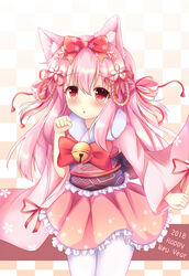  2018 animal_ears azur_lane bell bow cat_ears checkered_background chinese_zodiac commentary female floral_print flower frilled_skirt frills fur_collar hair_between_eyes hair_flower hair_ornament hairbow happy_new_year japanese_clothes jingle_bell kedama_(kedama_akaza) kimono kisaragi_(azur_lane) kisaragi_(new_year&#039;s_wish)_(azur_lane) long_hair long_sleeves new_year obi official_alternate_costume pantyhose pink_hair pink_kimono pink_skirt print_bow red_bow red_eyes sash short_kimono skirt solo very_long_hair white_pantyhose wide_sleeves year_of_the_dog 