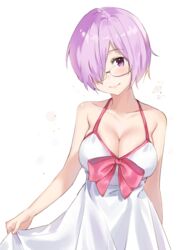  bad_id bad_pixiv_id bare_shoulders blush bow breasts cherim cleavage closed_mouth dress dress_bow dress_swimsuit fate/grand_order fate_(series) female glasses hair_over_one_eye highres large_breasts looking_at_viewer mash_kyrielight mash_kyrielight_(swimsuit_of_perpetual_summer) official_alternate_costume pink_bow purple_eyes purple_hair short_hair simple_background smile solo white_background white_dress 