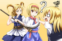  &gt;:) +_+ 3girls ? alice_margatroid alternate_hair_color bad_id bad_nicoseiga_id blonde_hair capelet cookie_(touhou) cosplay gradient_background hair_bobbles hair_ornament hairband kirisame_marisa koro_(cookie) long_hair multiple_girls o_o obi onozuka_komachi onozuka_komachi_(cosplay) open_mouth red_eyes rei_(cookie) sash scythe shishou_(cookie) short_hair smile touhou two_side_up uzuki_(cookie) v-shaped_eyebrows weapon yellow_background yellow_eyes 