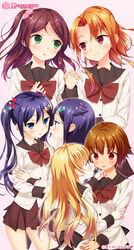  6+girls :o blonde_hair blue_eyes blush bow bowtie brown_skirt eye_contact hair_ornament hairclip hand_on_another&#039;s_chin highres holding_hands incest interlocked_fingers kimishima_ai kimishima_aya long_hair long_sleeves looking_at_another misawa_nagisa multiple_girls one_side_up onohara_hazuki parted_lips photoshop_(medium) pink_background pink_scrunchie pleated_skirt red_bow red_bowtie ribbon sailor_collar school_uniform scrunchie serafuku siblings simple_background sisters skirt sono_hanabira_ni_kuchizuke_wo star_(symbol) star_hair_ornament suou_manami sweatdrop takahata_rina twincest twins yuri 