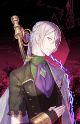  1boy amatari_sukuzakki artist_name bow bow_(weapon) commentary_request electricity fingerless_gloves fire_emblem fire_emblem_fates fire_emblem_heroes gloves grey_hair highres jakob_(fire_emblem) jakob_(halloween)_(fire_emblem) low_ponytail male_focus purple_eyes scar solo upper_body weapon 