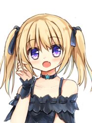  :d bare_shoulders black_choker black_shirt blonde_hair blush choker collarbone commentary_request female hair_between_eyes hand_up holding holding_own_hair looking_at_viewer oerba_yun_fang off-shoulder_shirt off_shoulder open_mouth original purple_eyes shirt shirt_straps simple_background smile solo star_(symbol) twintails white_background wrist_cuffs yuuhagi_(amaretto-no-natsu) 