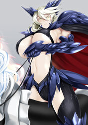  armor artoria_pendragon_(fate) artoria_pendragon_(lancer_alter)_(fate) blonde_hair breasts commentary fate/grand_order fate_(series) female horns horse horseback_riding huge_breasts janong llamrei_(fate) long_hair looking_at_viewer navel riding serious solo underboob 