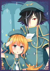  +_+ 1boy absurdres aqua_background aqua_headwear asusilver_(artist) beret black_hair blonde_hair blush border cape capelet chestnut_mouth collarbone commentary_request efina female hair_over_one_eye hat highres lieat lolicon long_hair looking_at_viewer multicolored_hair neckerchief peaked_cap pink_eyes red_eyes sailor_collar salute scar scar_on_face sparkle streaked_hair teobaldo_leonhearts two-tone_hair uniform white_hair wrist_cuffs 