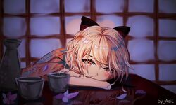  absurdres alternate_costume arms_on_table artist_name asil black_gloves blonde_hair blush bow braid chinese_commentary chinese_text choker closed_mouth commentary_request cup eyes_visible_through_hair female floral_print flower from_side girls&#039;_frontline gloves hair_between_eyes hair_ribbon hairbow half_gloves head_on_table highres indoors japanese_clothes long_hair looking_at_viewer official_alternate_costume ots-14_(flurry_of_petals)_(girls&#039;_frontline) ots-14_(girls&#039;_frontline) petals reflection ribbon smile solo table tearing_up very_long_hair wide_sleeves yellow_eyes 