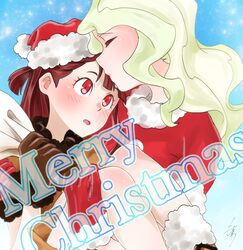  2girls bad_id bad_twitter_id blush carrying christmas commentary_request diana_cavendish hat highres kagari_atsuko kissing kissing_forehead little_witch_academia mochirou_(giri_choco_inverse) multiple_girls princess_carry santa_costume santa_hat yuri 