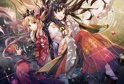  2girls blonde_hair brown_hair choker ereshkigal fan fate/grand_order fate_(series) headdress ishtar_(fate/grand_order) japanese_clothes kimono long_hair magic orange_eyes red_eyes socks tagme_(artist) waifu2x 