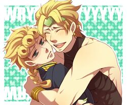  2boys ^_^ birthmark blonde_hair bracelet closed_eyes commentary_request dio_brando earrings father_and_son giorno_giovanna green_eyes hanaichi_(hana13) hand_fan headband heart hug jewelry joestar_birthmark jojo_no_kimyou_na_bouken male_focus multiple_boys nail_polish smile star_(symbol) stardust_crusaders vento_aureo wryyyyyyyyyyyyyyyyyyyy 