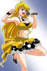  ahoge black_footwear blonde_hair breasts cleavage commentary_request dress female green_eyes hair_between_eyes hoshii_miki idolmaster idolmaster_(classic) live_for_venus_(idolmaster) long_hair microphone multicolored_clothes multicolored_dress photoshop_(medium) polka_dot polka_dot_skirt rikumoto_yoshiyuki skirt solo very_long_hair 