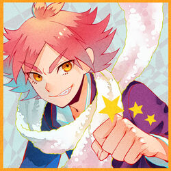  1boy bad_id bad_pixiv_id fubuki_atsuya grin hs2 inazuma_eleven inazuma_eleven_(series) male_focus oerba_yun_fang orange_eyes pink_hair scarf smile solo star_(symbol) upper_body 