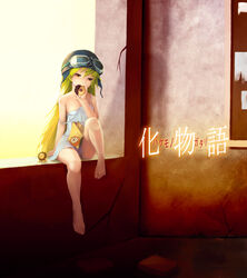  angel_french bakemonogatari barefoot blonde_hair commentary_request doughnut elrowa feet female flat_chest food french_cruller goggles goggles_on_head helmet highres legs long_hair mister_donut monogatari_(series) oshino_shinobu pon_de_lion sitting solo strap_slip very_long_hair yellow_eyes 