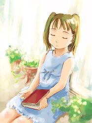  bad_id bad_pixiv_id book brown_hair closed_eyes copyright_request dress female lolicon plant short_hair sitting sleeping sleeping_upright solo takagi_hideaki twintails 