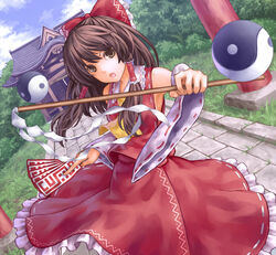  ascot blush bow brown_eyes brown_hair cloud commentary_request day detached_sleeves female gohei grass hair_tubes hairbow hakurei_reimu hakurei_shrine long_hair ofuda orb outdoors red_bow ribbon shrine skirt sky solo torii touhou tree wasabichan yin_yang 