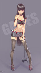  belt black_hair black_thighhighs blunt_bangs breasts cleavage commentary_request controller crop_top earrings female finger_to_mouth game_controller grey_shorts jewelry karanak long_hair midriff navel off_shoulder original photoshop_(medium) red_eyes short_shorts shorts skindentation small_breasts solo thighhighs very_long_hair xbox_controller 