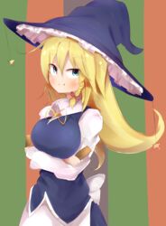  absurdres akabeco black_hat blonde_hair blue_eyes blush bow braid breasts closed_mouth commentary_request cookie_(touhou) crossed_arms female hairbow hat highres kirisame_marisa large_breasts long_hair long_sleeves looking_at_viewer oerba_yun_fang red_bow ruka_(cookie) smile solo star_(symbol) touhou witch_hat 