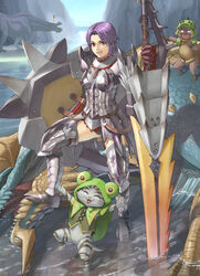  ! deviljho drooling earrings fangs felyne female grin happy jewelry lance monster_hunter_(character) monster_hunter_(series) monster_hunter_portable_3rd open_mouth pointing polearm purple_eyes purple_hair rathalos_(armor) shield silver_rathalos_(armor) smile tantaka thighhighs water weapon zinogre 