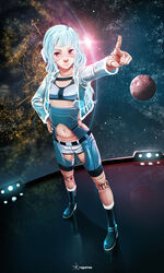  alpha_(acerailgun) android artist_name bad_deviantart_id bad_id blue_hair borrowed_character doll_joints female flat_chest full_body hand_on_own_hip jacket joints lens_flare long_hair navel original photoshop_(medium) pink_eyes planet pointing roguetwo solo space standing 