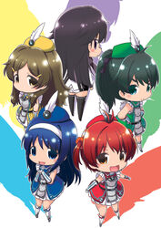  5girls :&gt; :&lt; :d aqua_eyes black_hair black_scarf blue_eyes blue_hair boots brown_eyes brown_hair chibi futaba_aoi_(vividred_operation) green_hair hair_ornament hair_ribbon hairband hairclip hands_on_own_hips hat hat_feather isshiki_akane knee_boots kuroki_rei long_hair looking_back mizuki_maya multiple_girls national_shin_ooshima_school_uniform open_mouth outstretched_arms own_hands_together palette_suit ponytail purple_eyes red_hair ribbon saegusa_wakaba scarf school_uniform scrunchie shadow shinomiya_himawari short_shorts shorts smile spread_arms thighhighs twintails vividred_operation yellow_eyes 