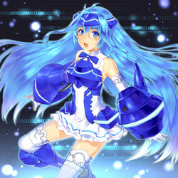  :d armor bare_shoulders blue_eyes blue_hair blush boots bow breastplate commentary_request detached_sleeves dress female fingerless_gloves gauntlets gloves greaves headgear light_particles long_hair open_mouth smile solo suika01 thighhighs vividblue vividred_operation white_thighhighs 