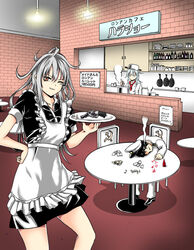  1boy 2girls admiral_(kancolle) alternate_costume apron blue_eyes bottle brick_wall bullet cafe card chair check_commentary chef commentary commentary_request cooking dress frying_pan gangut_(kancolle) grey_hair gun hammer_and_sickle handgun haru_(hr_works) hibiki_(kancolle) indoors kantai_collection long_hair looking_at_viewer maid maid_apron maid_headdress menu multiple_girls one_eye_closed partially_translated plate playing_card pot_on_head red_eyes revolver saucepan scar scar_on_cheek scar_on_face smile smoke translation_request tray utensil verniy_(kancolle) weapon 