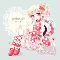  bad_id bad_pixiv_id blonde_hair bloomers brown_eyes cranberry dress drinking_straw female karunabaru original polka_dot polka_dot_dress red_dress red_footwear shoes side_ponytail sitting solo underwear 