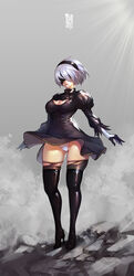  2b_(nier:automata) absurdres artist_name ass_visible_through_thighs black_blindfold black_dress black_footwear black_gloves black_hairband black_thighhighs blindfold boots breasts cleavage cleavage_cutout clothing_cutout commentary covered_eyes dress english_commentary female full_body gloves grey_background hairband high_heel_boots high_heels highres legs legs_apart leotard leotard_shot lips medium_breasts mole mole_under_mouth nier:automata nier_(series) parted_lips puffy_sleeves rock short_dress short_hair side_slit skindentation solo standing sword thigh_boots thighhighs thighs torn_clothes torn_thighhighs weapon white_hair white_leotard wind wind_lift wookyung 