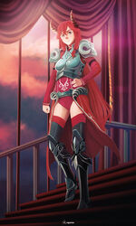  armor artist_name bad_deviantart_id bad_id blue_eyes borrowed_character breasts curtains erica_(acerailgun) female full_body greaves hand_on_own_hip horns long_hair long_sleeves medium_breasts original photoshop_(medium) red_hair roguetwo shoulder_pads smile solo stairs very_long_hair walking window 