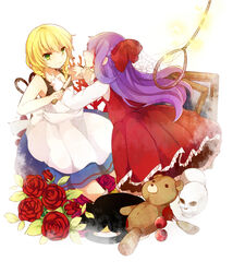  2girls black_cat blonde_hair blood braid commentary_request dress ellen_(majo_no_ie) feline green_eyes highres knife majo_no_ie multiple_girls noose picture_frame purple_hair shimotsuki_eri silk skull spider_web stuffed_animal stuffed_toy teddy_bear twin_braids viola_(majo_no_ie) 