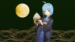  blue_hair dlsite.com elle_sweet green_eyes japanese_clothes kimono moon natashya_(pommier) original short_hair 